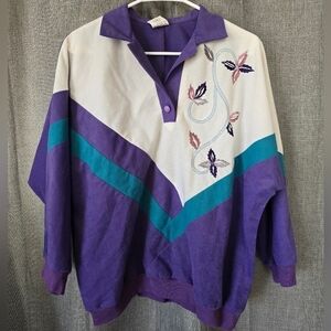 Vintage 80s Fleece Colorblock Pullover Collared Embroidered Purple Women's Size